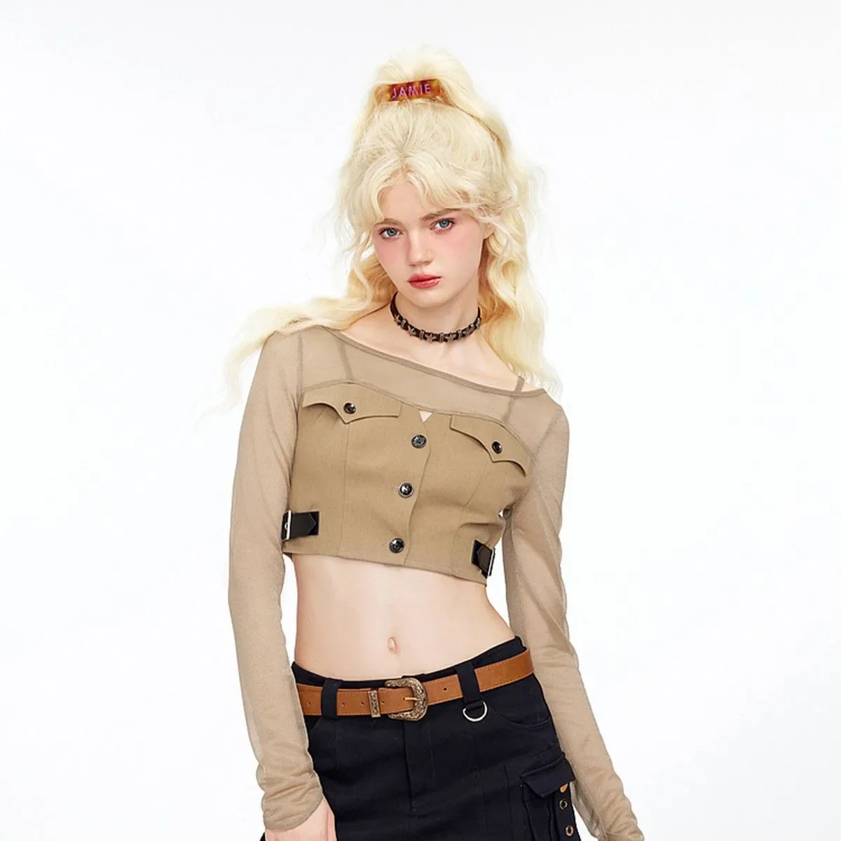 SALIENCY T-shirt a maniche lunghe con scollo all'americana per ragazze speziate con giunture di colore vintage a contrasto Design con linguetta in pelle Top corto in rete sexy