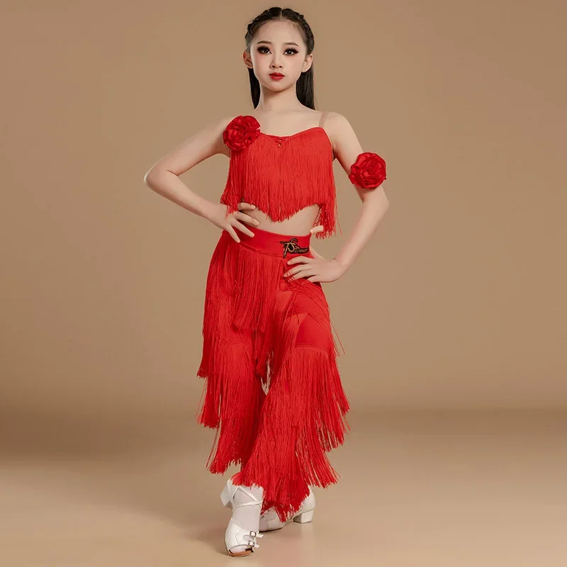Kids Girls Tassel Latin Dance Top Pants Suits Ballroom Dancewear Professional Children's Practice Clothes Rumba Chacha Costume