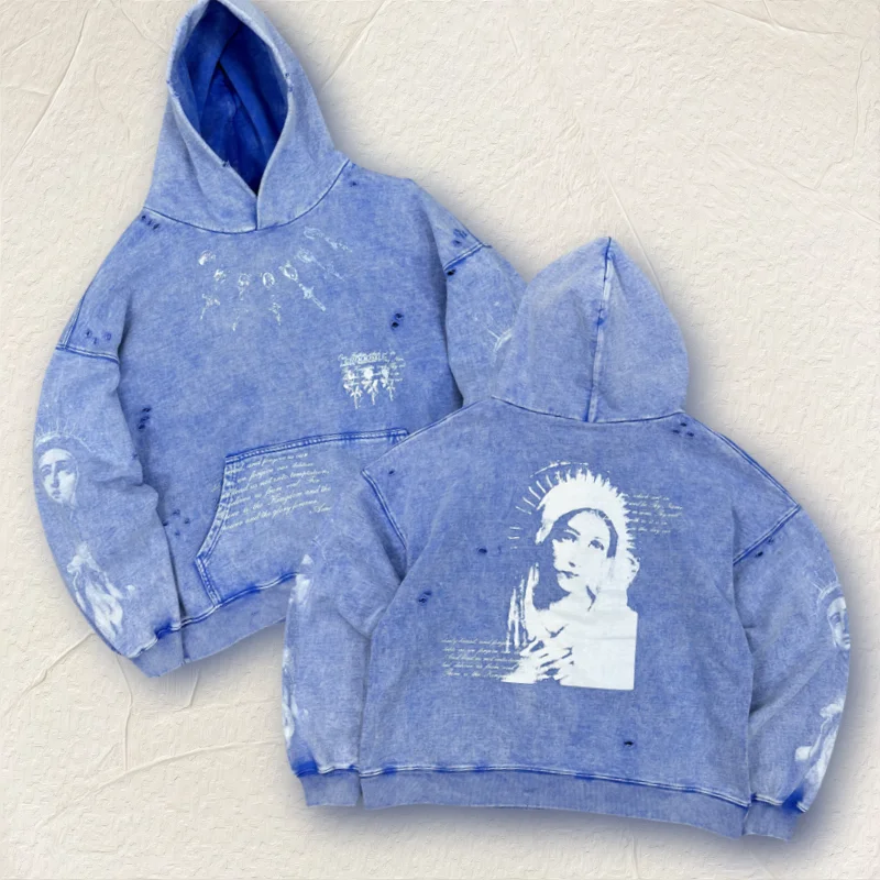 

Light Blue Saint Hooded Sweatshirt Portrait Print Loose Naturally Fade After Being Washed Do Old Hole Men Women Pullover