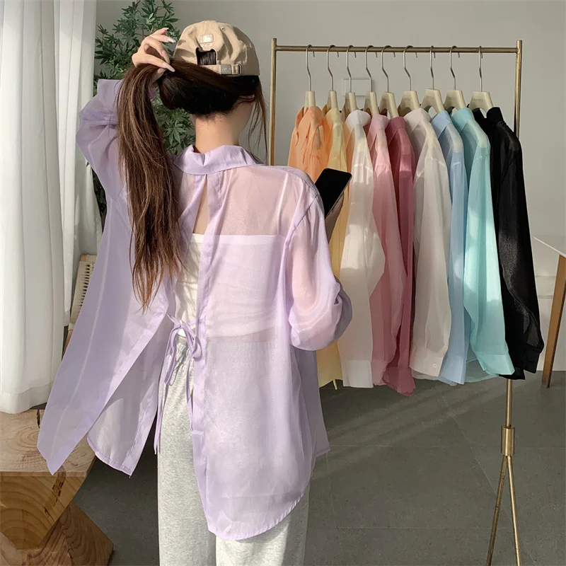 

2025 New Women's Breathable Sun Protection irt Ba Split Design Korean Sle Loose Fit Long Sve Collar Top