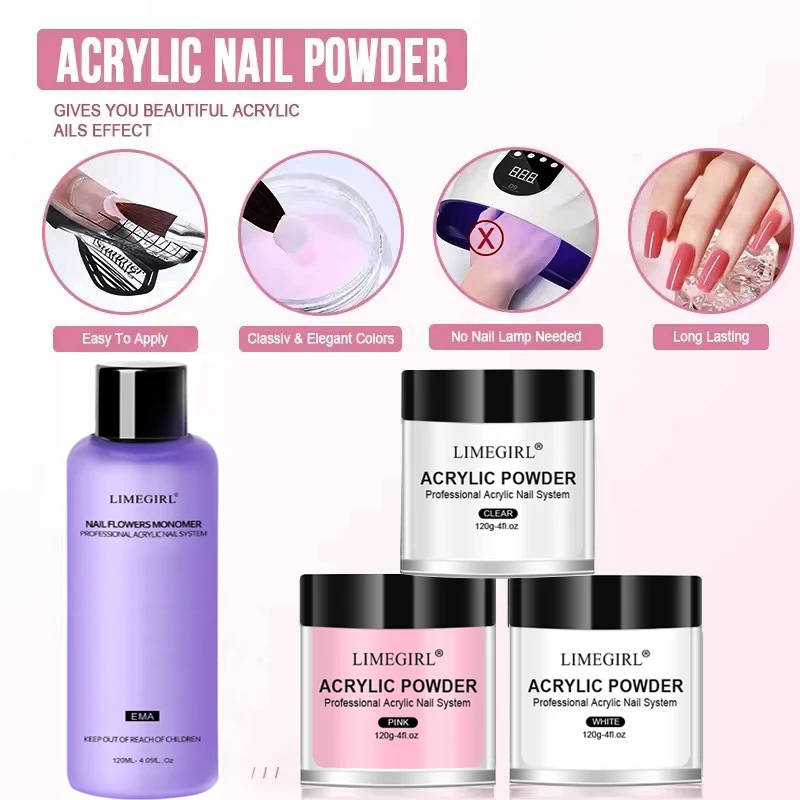 LIMEGIRL 120 جرام مسحوق أكريليك للأظافر 120 مللي مجموعة مونومر سائل وردي أبيض مسحوق أكريليك احترافي رسومات أظافر أدوات نحت ثلاثية الأبعاد