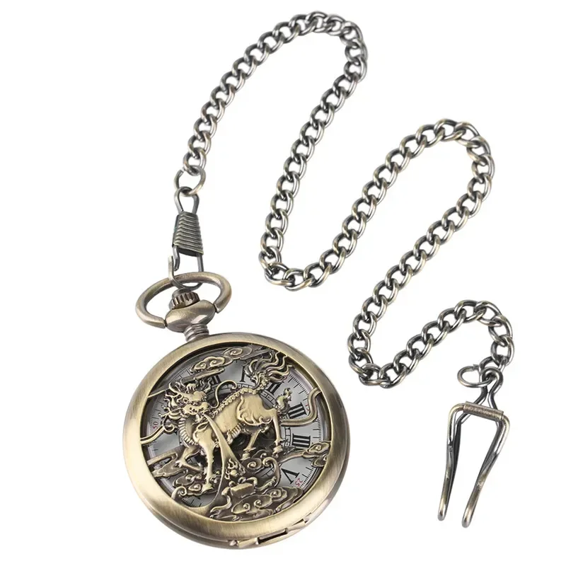 Retro Kylin Skeleton Men's Pocket Watch Steampunk Women Automatic Mechanical Fob Chain Pendant Clock Vintage Skeleton Watches