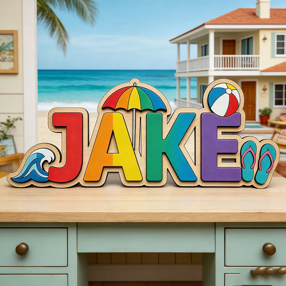 Personalized 3D Cute Summer Beach Name Wooden Plaque Kids Room Door Decor Birthday Keepsake for Toddler Boys Girls