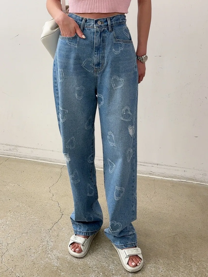 

Double Layer Heart aped Frayed Velvet Jeans Women's High Waist Straight Leg Sweet Versatile Long Trousers Trendy