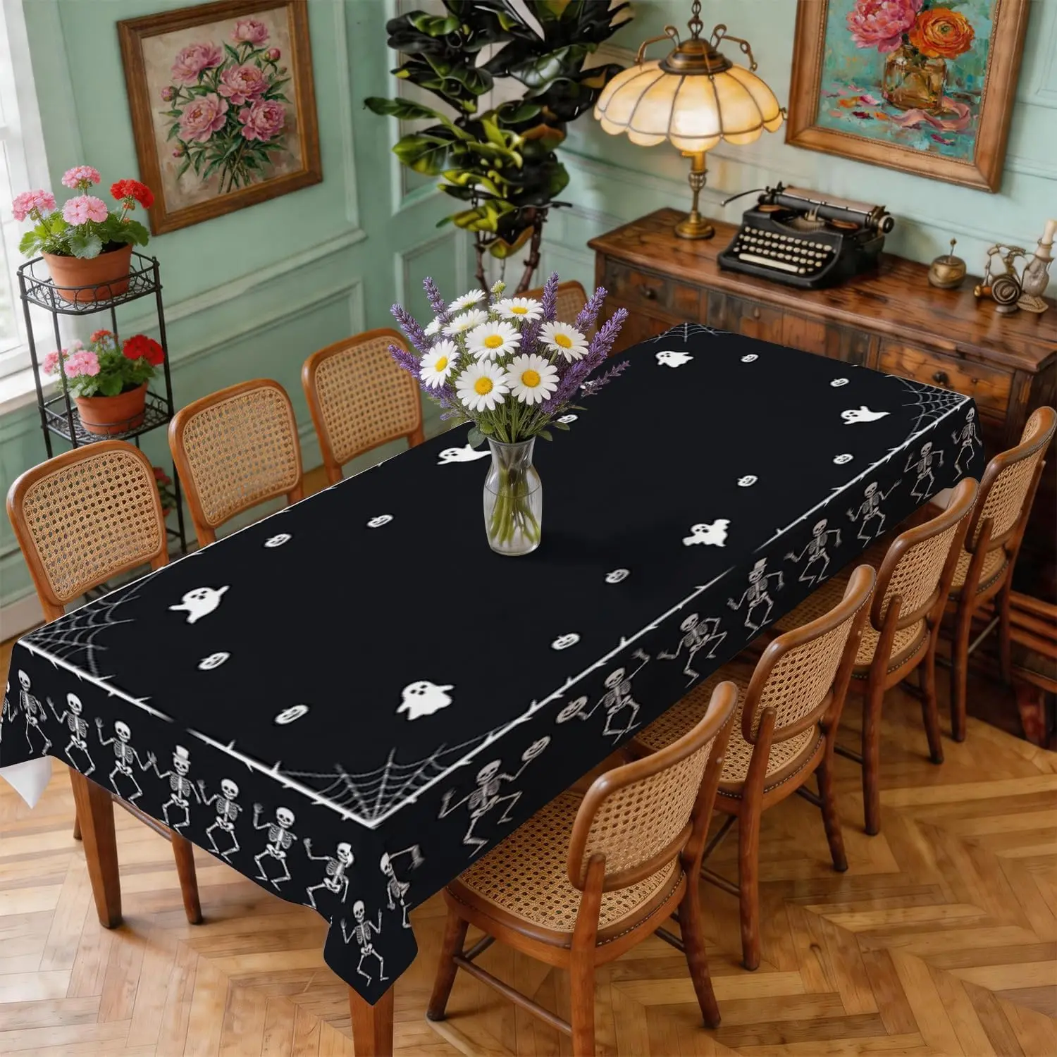 Halloween Skeleton Pumpkins Top Hat BOO Rectangle Tablecloth for Table Decor Reusable Kitchen Dining Table Cloth Halloween Decor