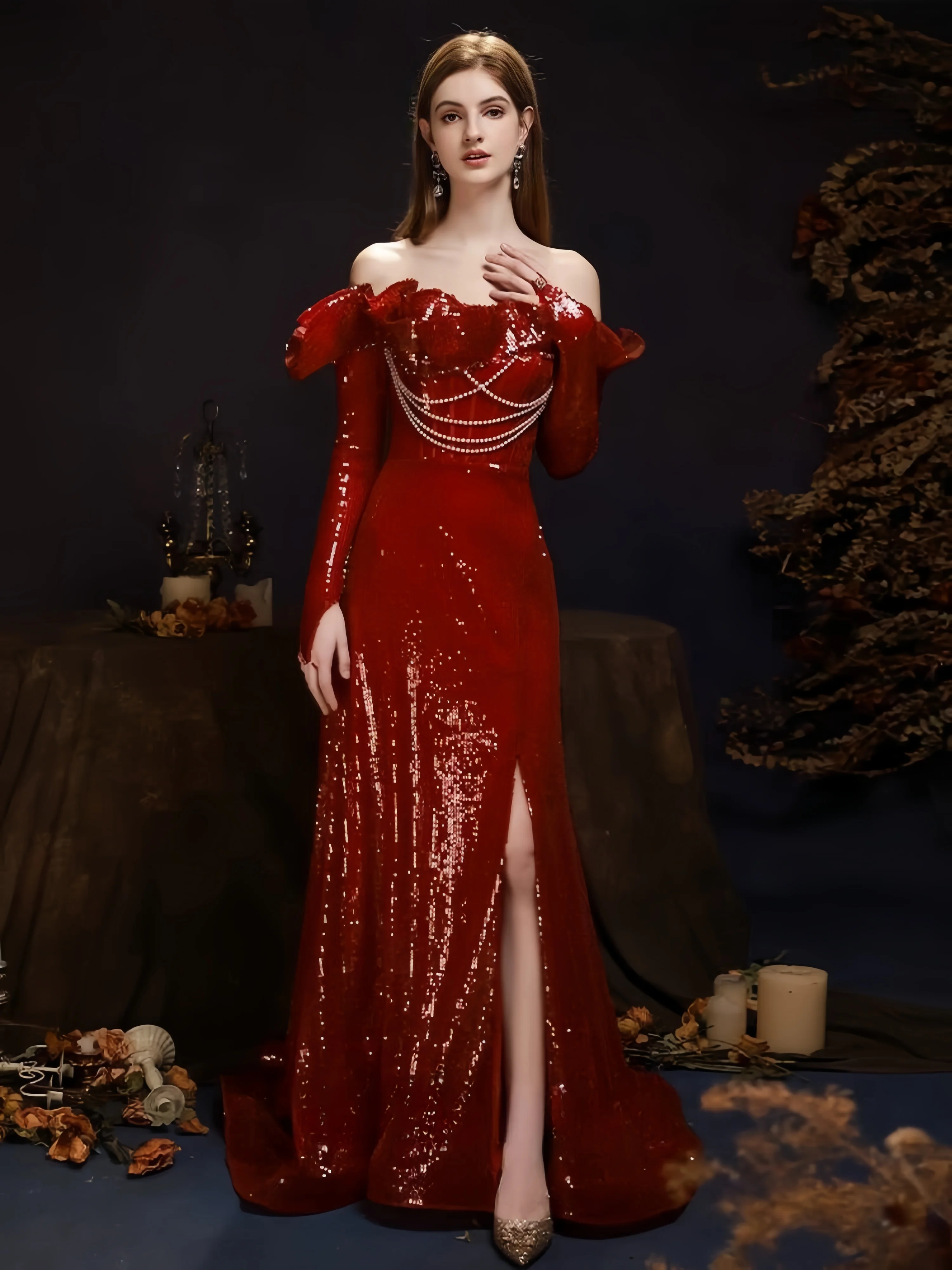 

Extravagant Temperament Burgundy Celebrity Dress With Sleeves And Sequined Side Slits And Backless Banquet Evening Dress