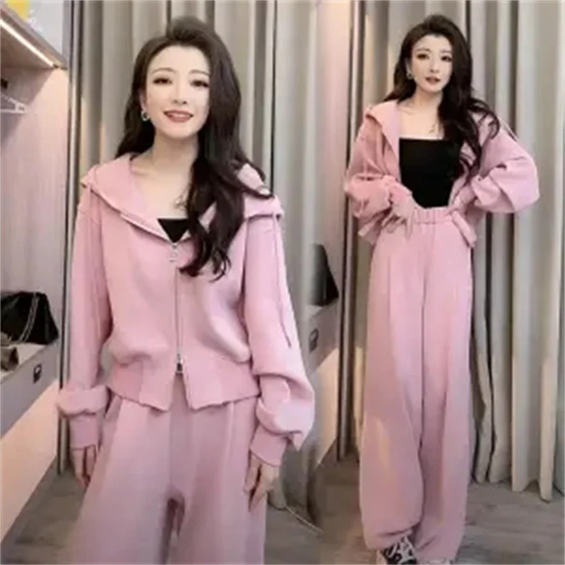 Temperament Fashion Leisure Set Ladies 2024 Spring Autumn New Hooded Loose and Slim Joker Double Zipper Sports Two-piece Women's