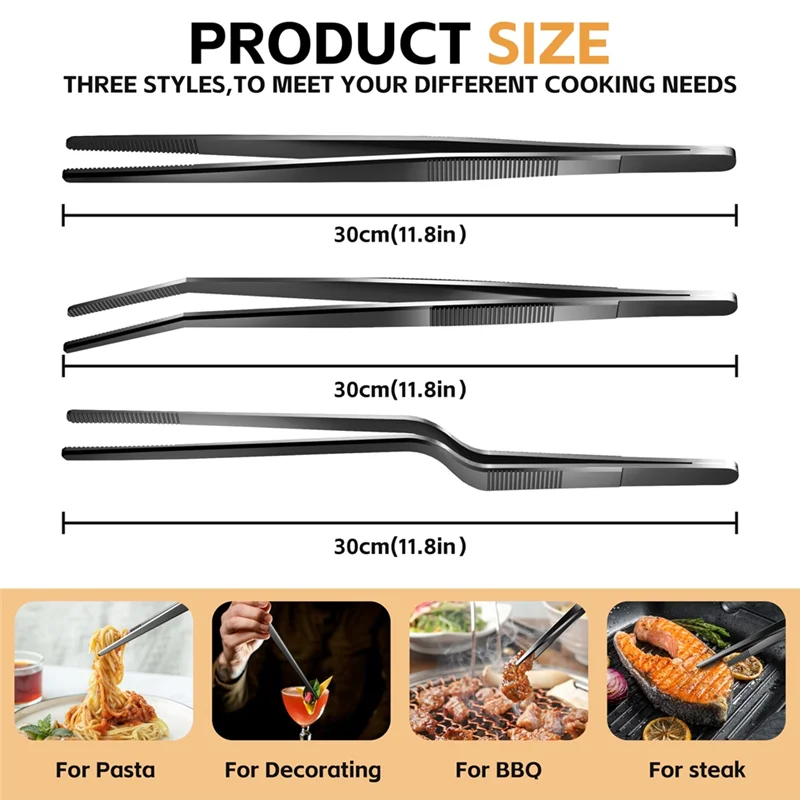 ABKS-3 pinzette fini da 30 cm, pinzette da cucina extra lunghe in acciaio inossidabile, punte multifunzione, pinze da cucina