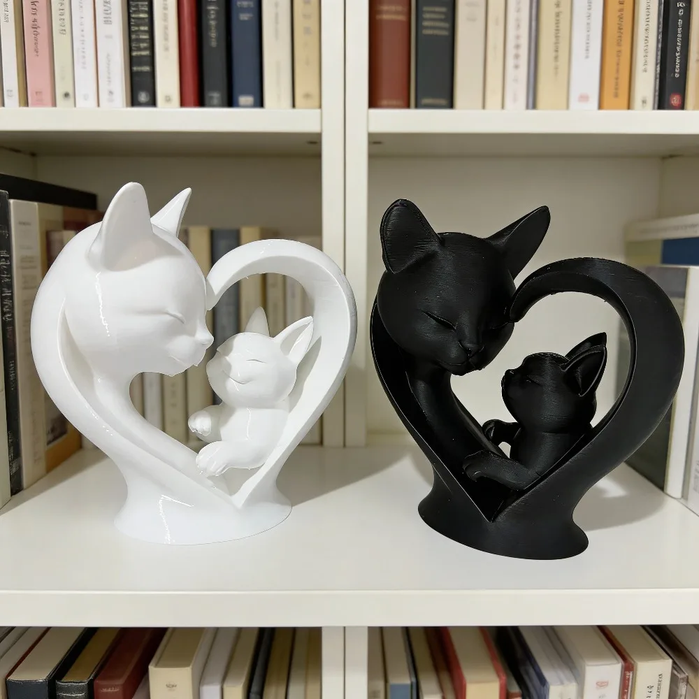 Mother Baby Cat Heart Sculpture Resin Figurine Shelf Table Decor Cute Ornament Gift for Cat Lovers Home Bedroom Study Decoration