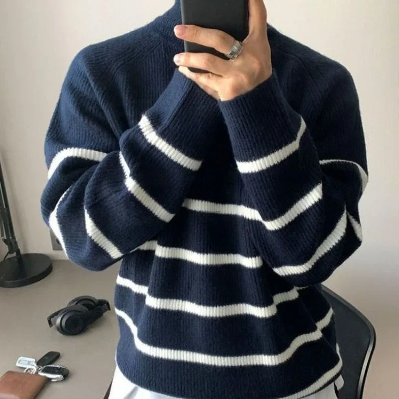 

Полосатый трикотаж для отдыха для молодых студентов с пуловерами на молнии, мужской винтажный новый свитшот, дизайнерский тканый мужской вязаный свитер