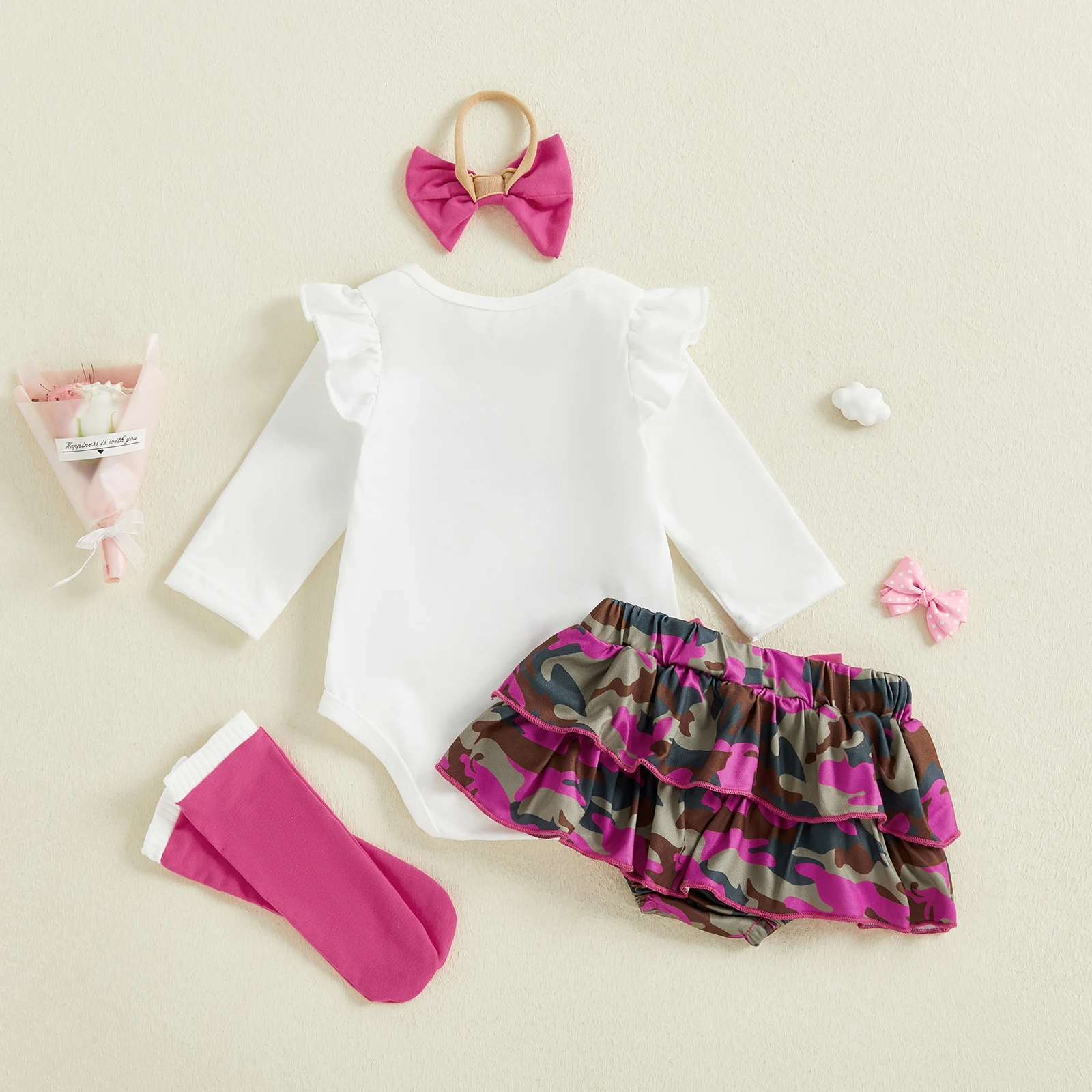 Tregren Infant Newborn Baby Girl Christmas Outfit, Long Sleeve Letters Antlers Romper with Layered Shorts Bow Headband Socks