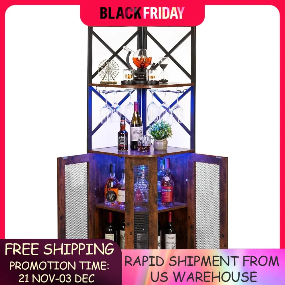 Corner Bar Cabinet with LED Lights, 5-Tier Industrial Wine Cabinet with Glass Holder, Home Bar for Coffee Bar Cabinet