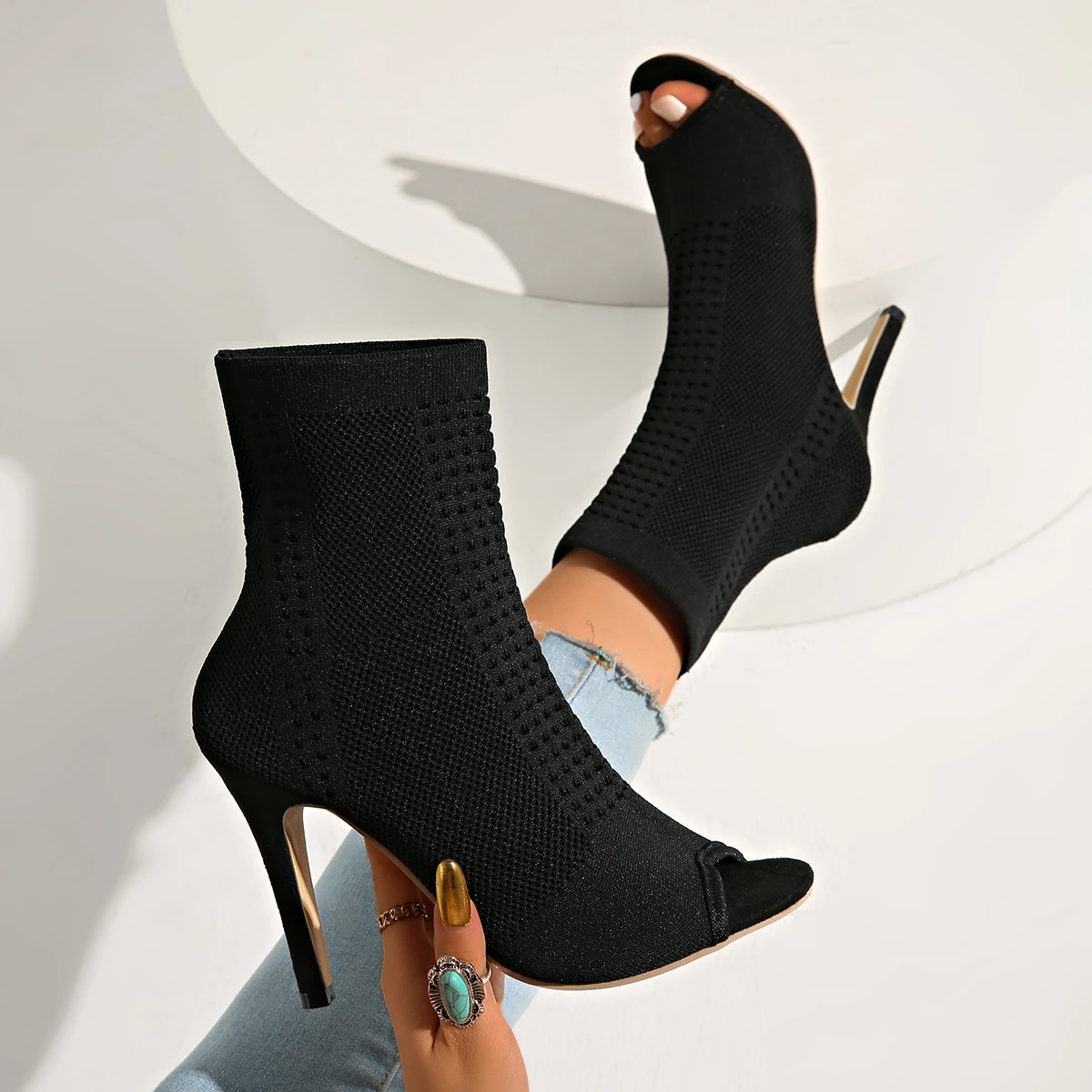 Botas hasta el tobillo con punta abierta para mujer, botines elásticos de tela transpirable, zapatos de tacón alto sexis con barra de baile para mujer