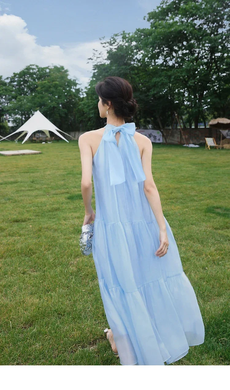 2024 Summer Beach Holiday Midi Dress French Neck-mounted Sleeveless Bow Odzież damska Luźna swobodna linia A Blue Princess Dress