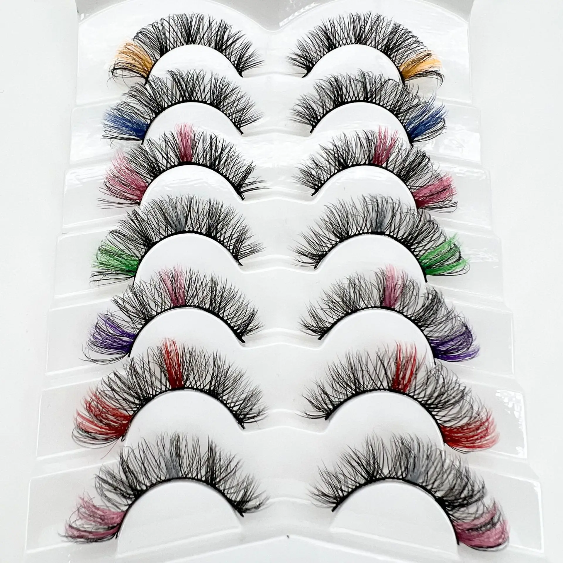 Colorful Fake Eyelash European American Synthetic Fiber 7pairs Cat Eye Thick Winged Eyelashes Bulk