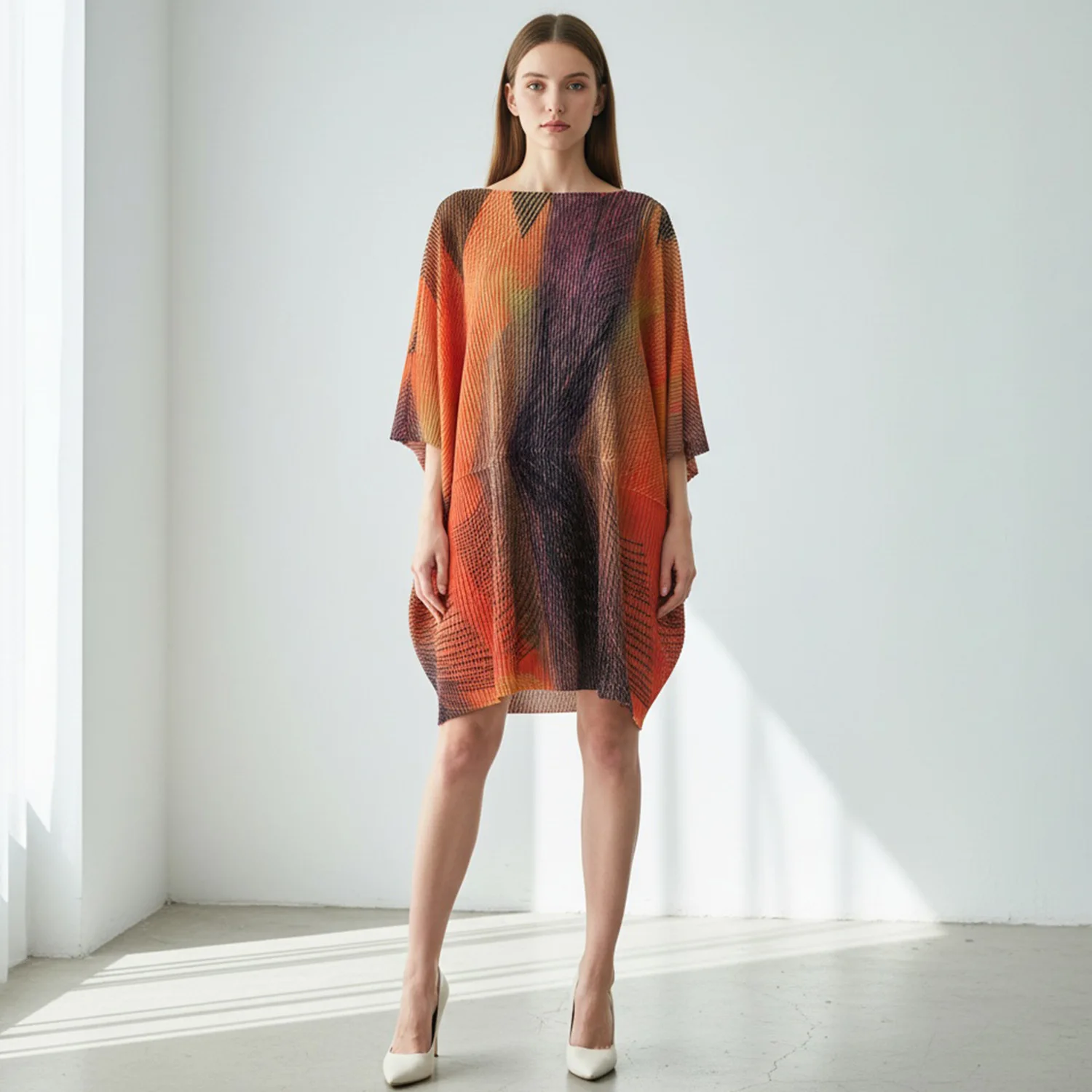 

Miyake Plus Size Women's Fashionable Irregular Design Printed Pleated Art Loose Mid-skirt High-end Elegant Dress