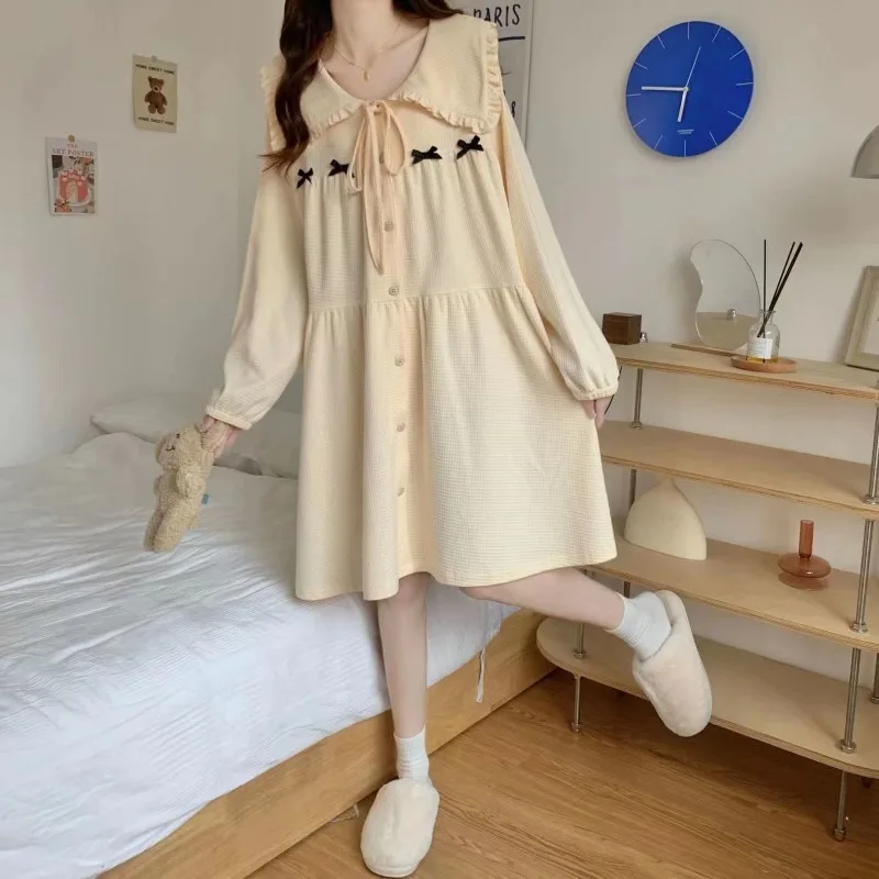 Bow Women Nightgown Ruffle Sleepwear Korean Nightwear Autumn Long Sleeve Sleeping One Piece Pajamas Peter Pan Collar Night Dress