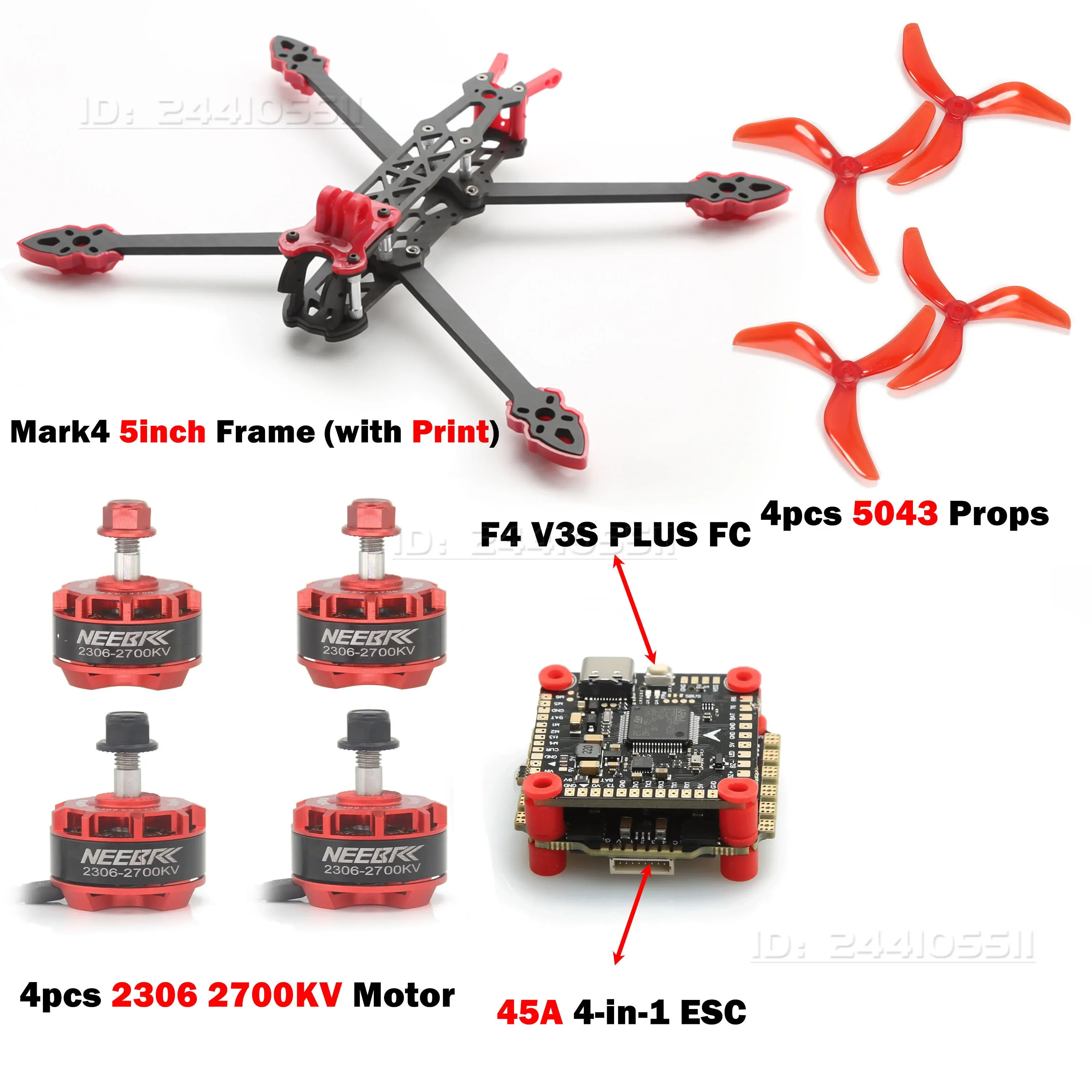 Mark4 5 inch Frame 2306 Motor FC F4V3S PLUS 45A ESC Stack 915Mhz/2.4G ELRS 5043 Prop Print Deel Kit voor RC FPV Drone Racing DIY
