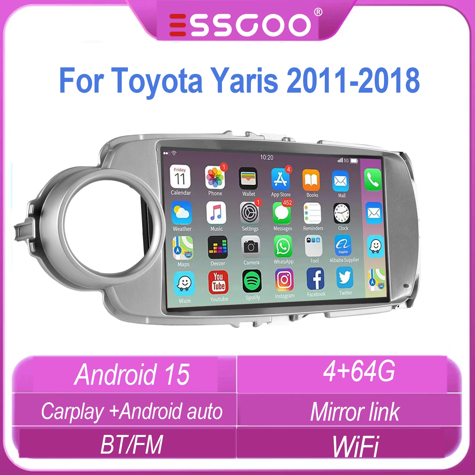 ESSGOO 9 Pollici Display Touch IPS Autoradio Android 15 Navigazione Carplay Wireless Android Auto GPS Telecamera WIFI Controlli Volante RDS Bluetooth FM USB Per Toyota Yaris 2011-2018 64G DAB