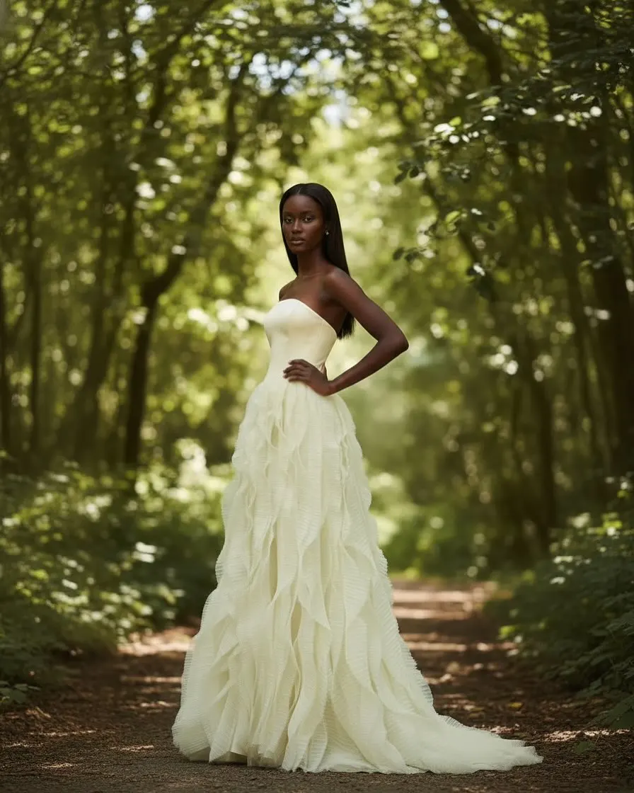 

Ofherown Light Green Strapless Ruffled Tulle Ball Gown A-Line Maxi Dress with Train Formal Evening Prom Party Gown