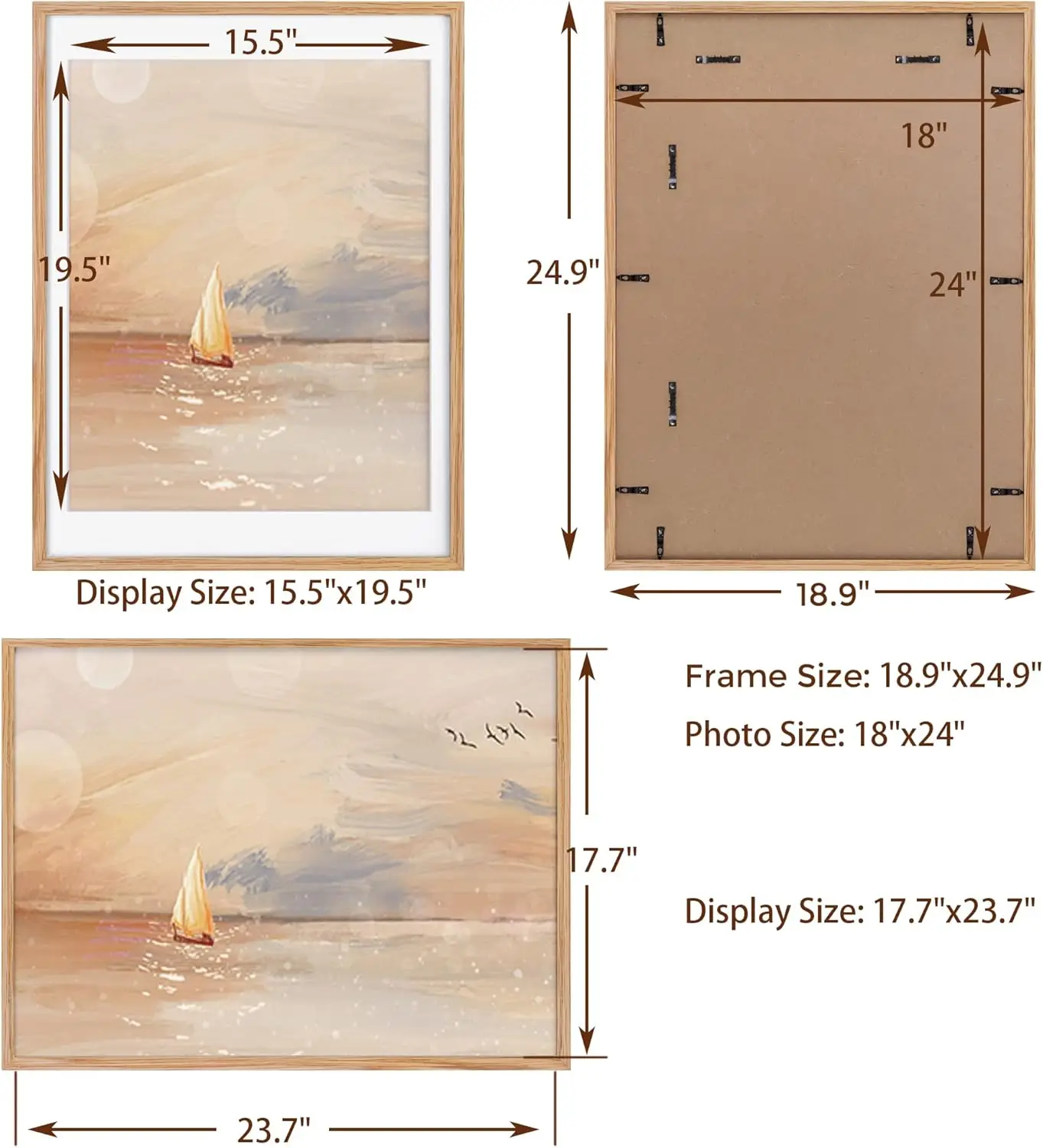 18x24 Picture Frame, Solid Oak Wood 18 X 24 Frame for Wall, 18x24 Oak Poster Frame with Real Glass, 18x24 Matted Frame