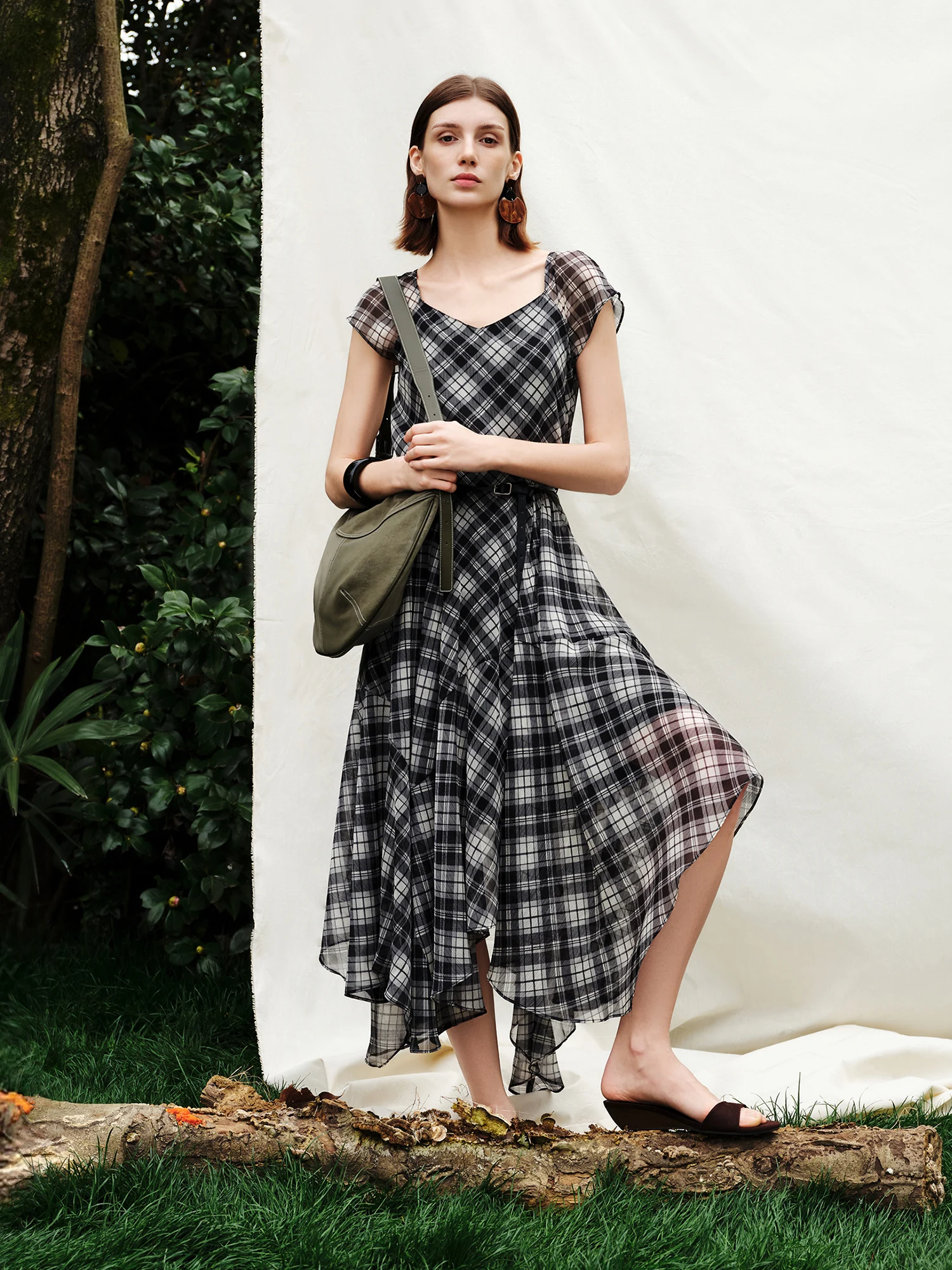 ZIQIAO 2026 Summer Women's Plaid Fit & Flare Dress Asymmetric Hem