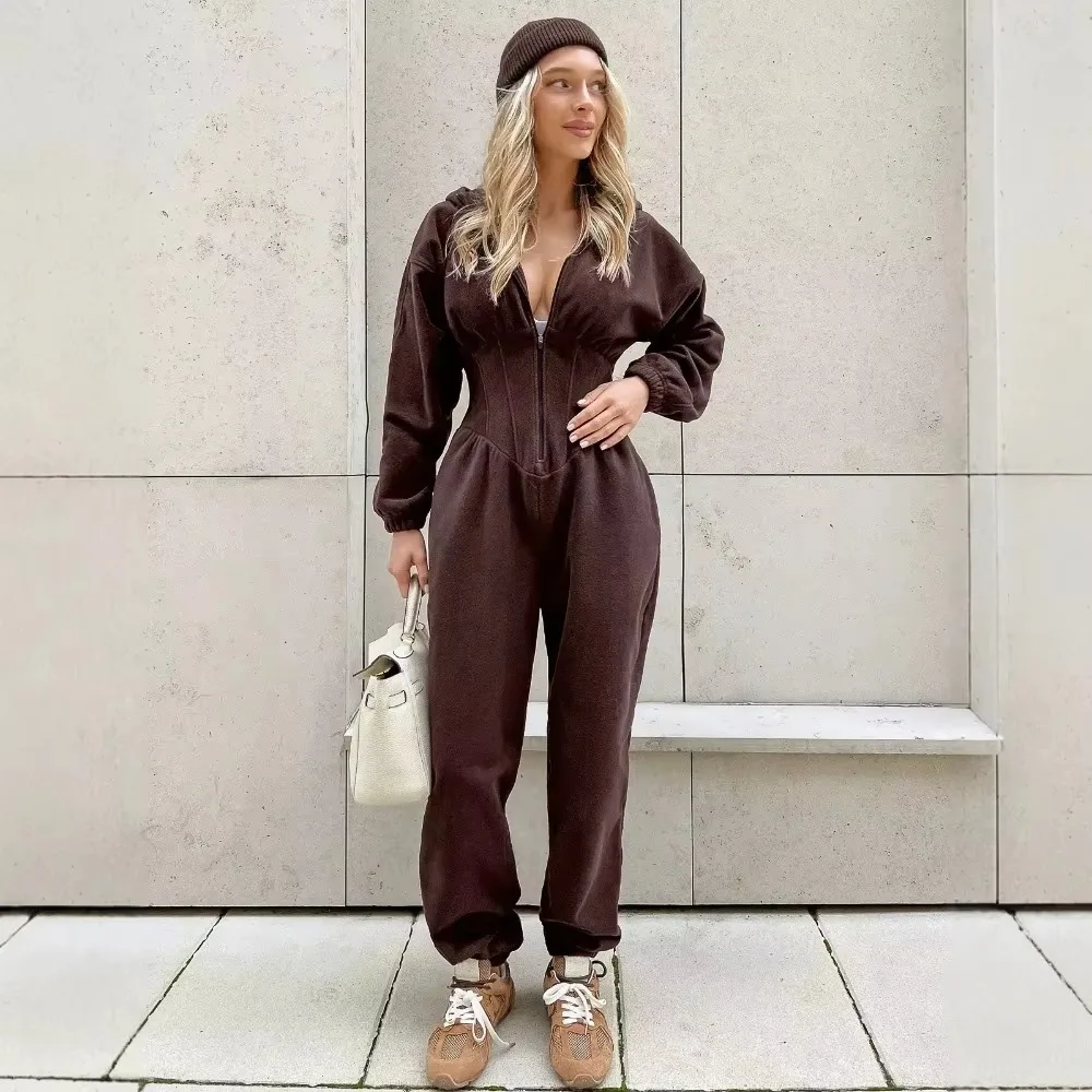 New Hooded V Neck Jumpsuit Women Long Sleeve Waist Cinching Solid Sporty Casual Daily Romper