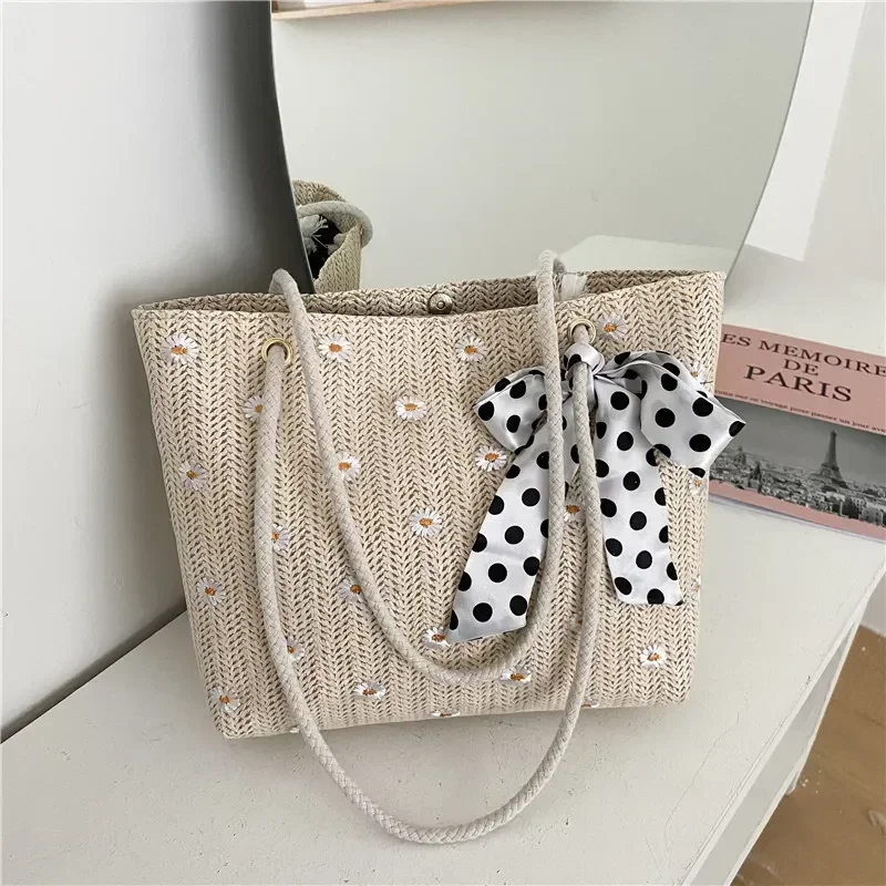 

New Style Straw Braided Silk Scarf One-shoulder Handbag Ladies Large-capacity Fashion Simple Handbags Summer Travel Beach Bag