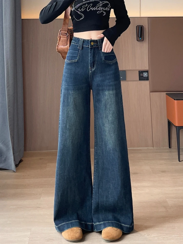 Retro-Jeans im amerikanischen Stil für Damen im Herbst und Winter, neue, hoch taillierte, schmal geschnittene, dicke, vielseitige Hose mit geradem Bein