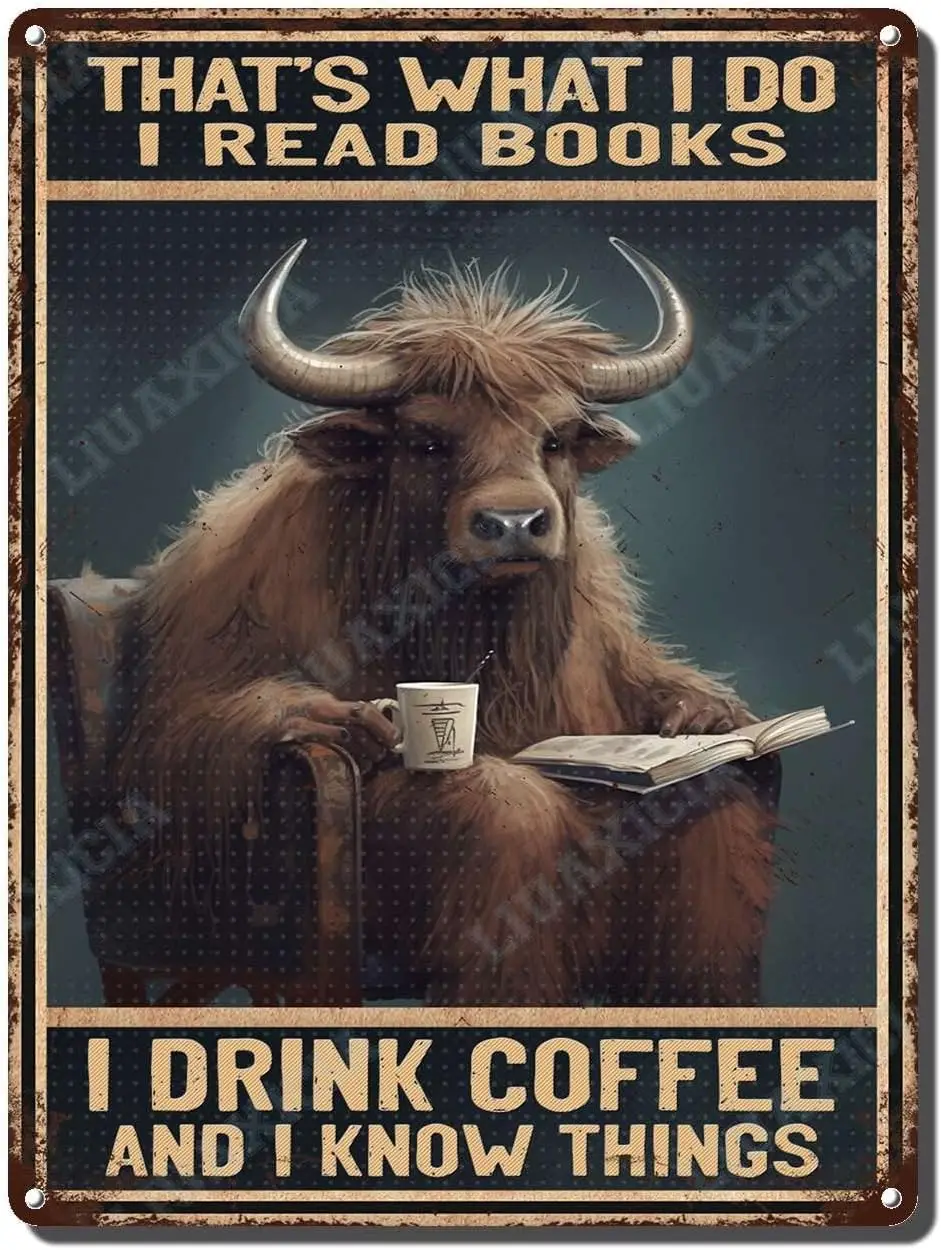 LIUAXICIA Tin Signs Vintage That's What I Do I Read Books I Drink Coffee and I Know Things Yak Coffee Metal Sign for Office
