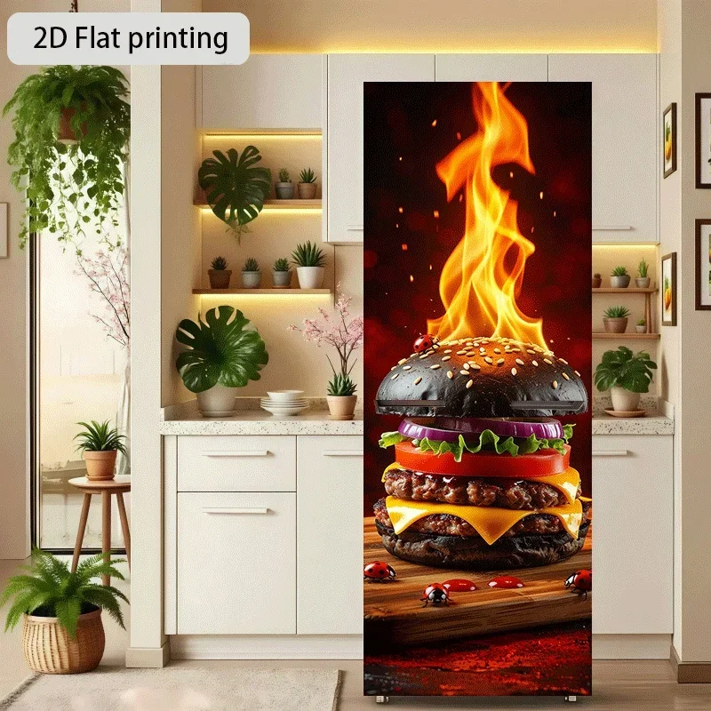 1pc of 2D Flat Printed Refrigerator Sticker, Measuring 60×180 Cm, Featuring a Burning Black Burger Theme Design. It'S a Self-A