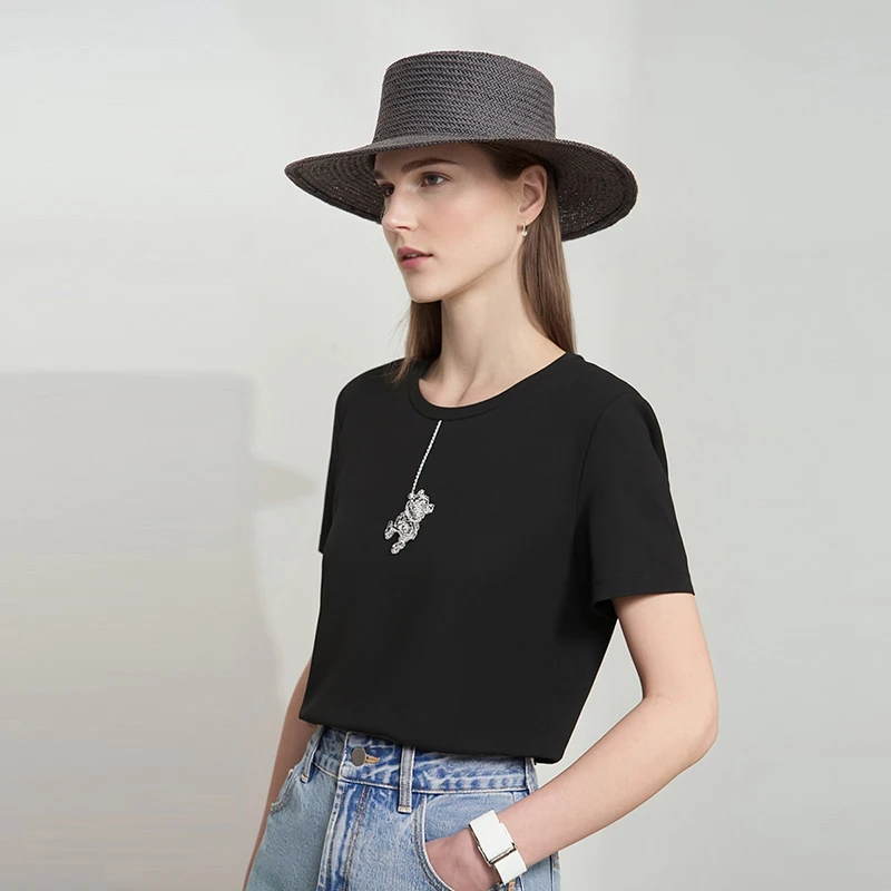 Amii T Shirts Woman 2026 Summer New Cotton Round Neck Tee Casual Bear Embroidered Versatile Short Sleeve Top For Women 12622086