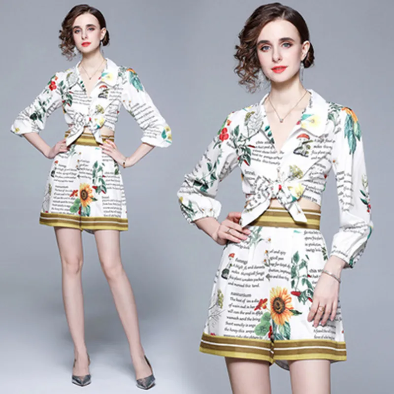 Autumn French Vintage Color Contrast Letter Print 2 Piece Set Women Bow Lace-Up Short Shirt + High Waist Wide Leg Shorts Suit