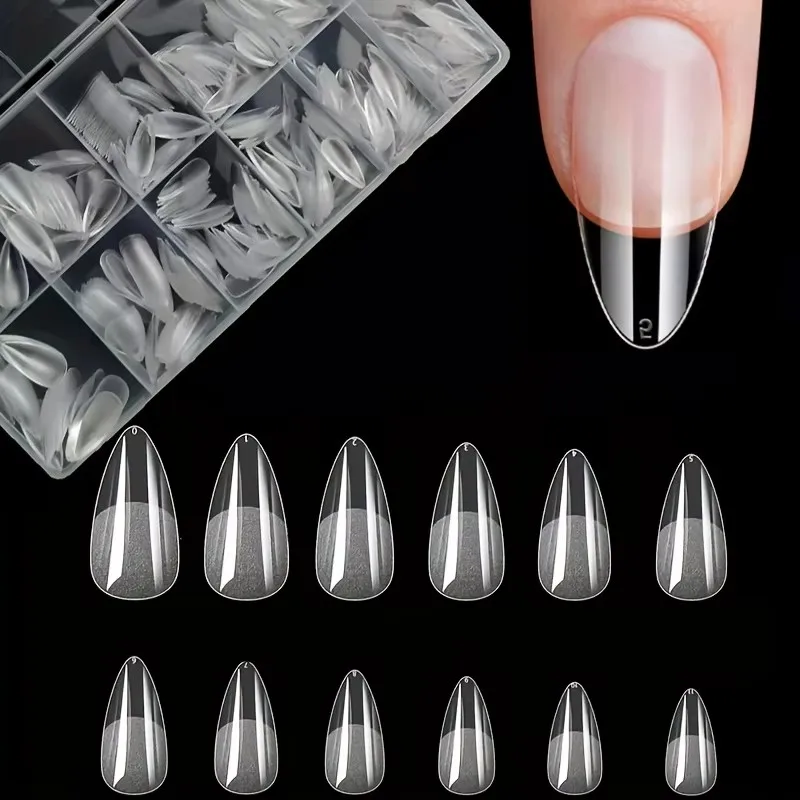 600 korte amandelvormige semi-mat transparant acryl valse nageltips voor nagelverlengingen en manicuregereedschap