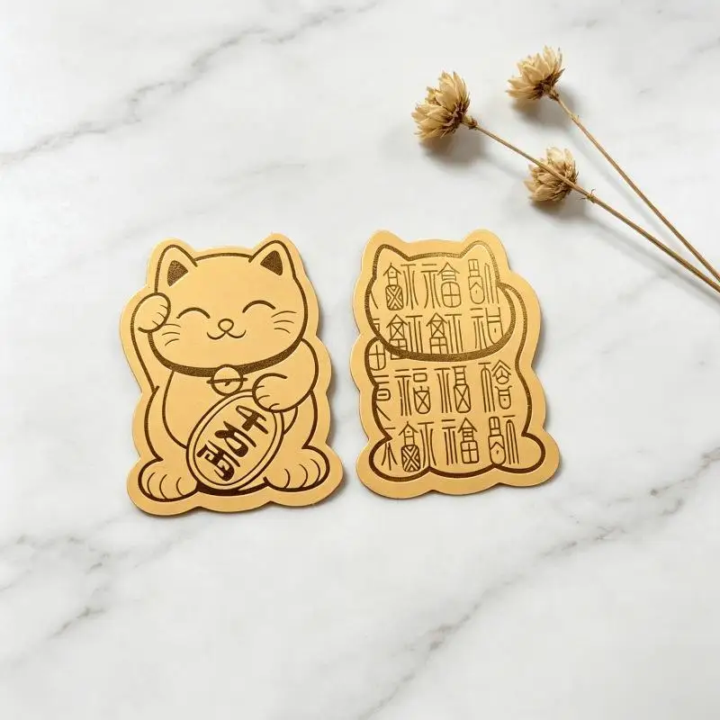 10PCS Golden Lucky Cat Sticker Wealth Fortune Self Adhesive Decal Thin Metal Craft For Phone Wallet Home Shop Decor Gift Use