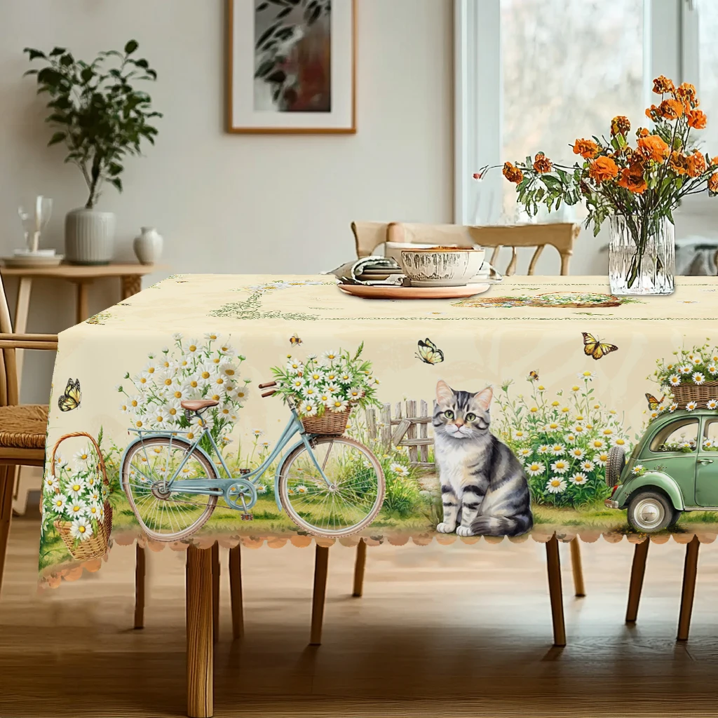 1 Piece of Fresh Spring-Themed Round and Rectangular Tablecloth, Available in Various Sizes, Featuring Playful Cats and Vintage Bicycles, as Well as Printed Tablecloths Adorned with Blooming Daisies and Fluttering Butterflies, with Embossed Edges, Suitable for Home Dining Tables, Patio Gardens, and as a Decorative Piece for a Pastoral Atmosphere, or as a Gift for All Seasons