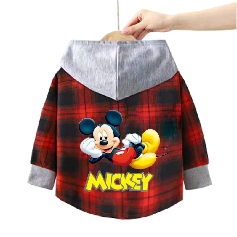 Children\'s Hooded Shirts Baby Boys Mickey Mouse Plaid Shirts Coat for Spring Autumn Girls Cartoon Jacket Bottoming Clothing