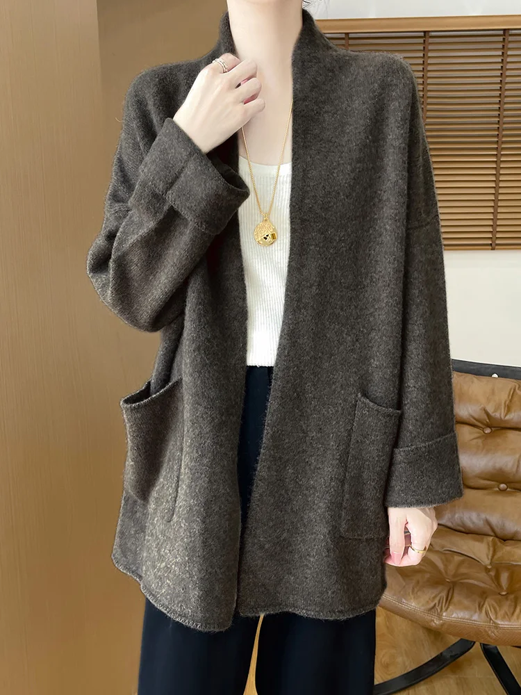 Loose Wool Cardigan Women Sweater Autumn Winter 100% Pure Wool Knitwear Versatile Long Outerwear Cashmere Korean Popular Clothes