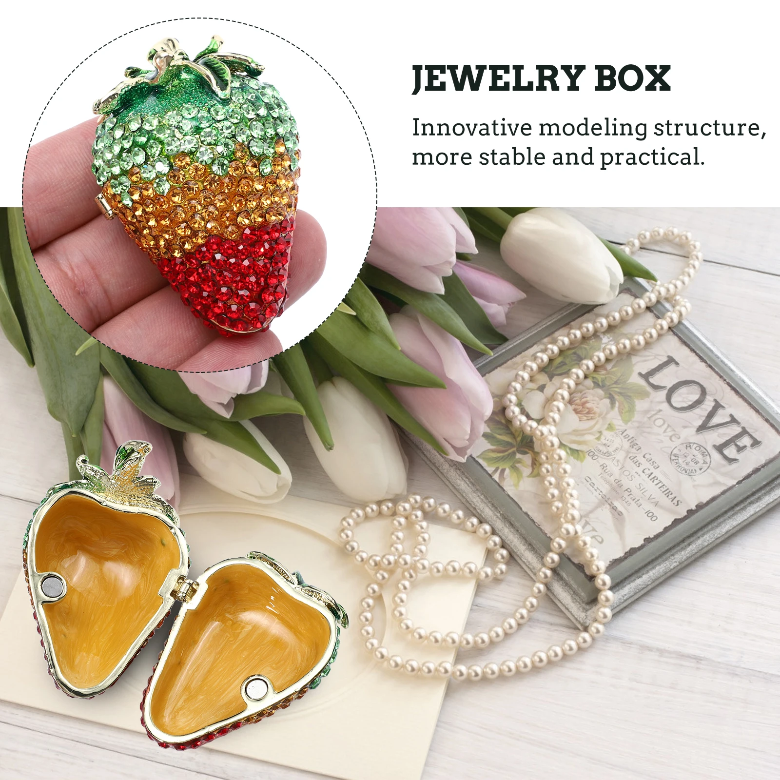 

Strawberry Decor Jewelry Box Decoration Fashion Storage Holder Decorate Rhinestone Pink