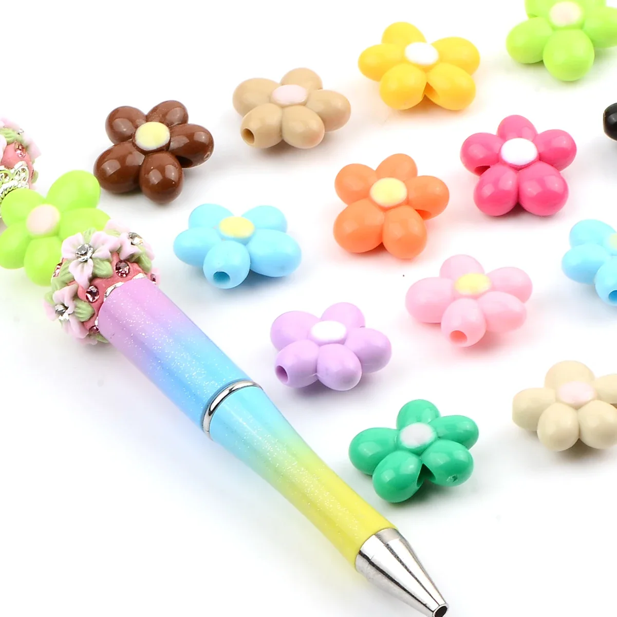 15PCS Macaron color hand-paint small flower shape Acrylic beads&flower beads for jewelry making DIY phone chain&Pen Space beads