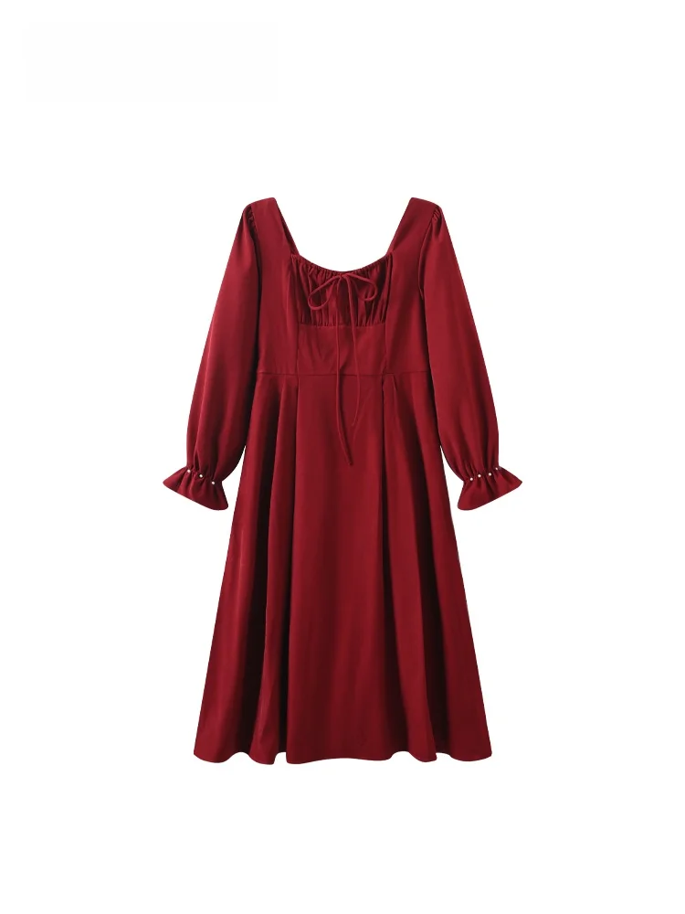 

plus Size Casual Vintage Long Sve Square Ne Dr Women Autumn Faion Slimming A-Line Gown High Waist Bell Sve Dr