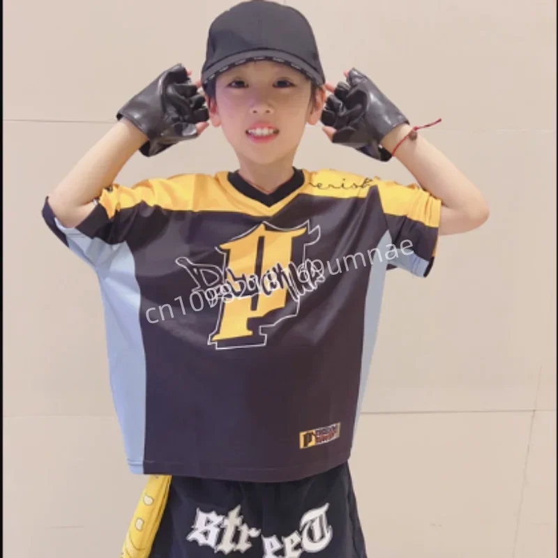Boys Hip Hop Contrast T Shirt Street Dance Shorts Girls Loose Yellow Cargo Pants Streetwear Jazz Dance Performance Costume Sets
