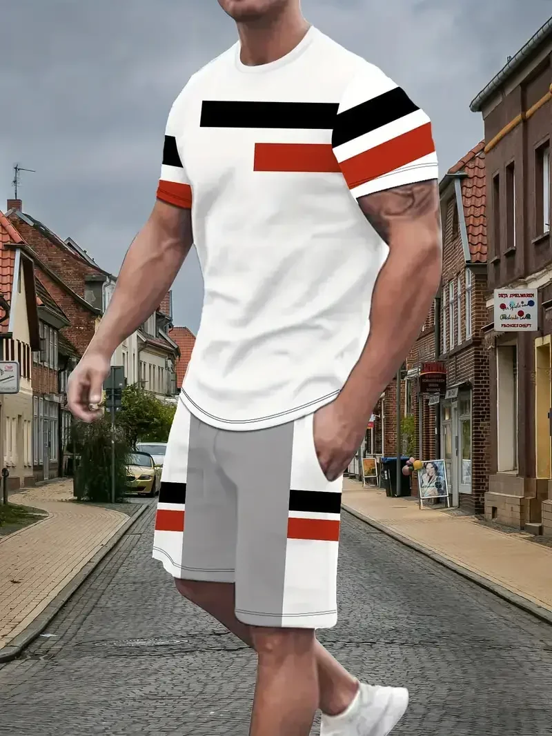 

2025 Striped Short Sleeve T-shirt Set Summer Men's Casual Sports Suit 3D Informal Geometric Print T Shirt+Shorts 2PCS Outfits