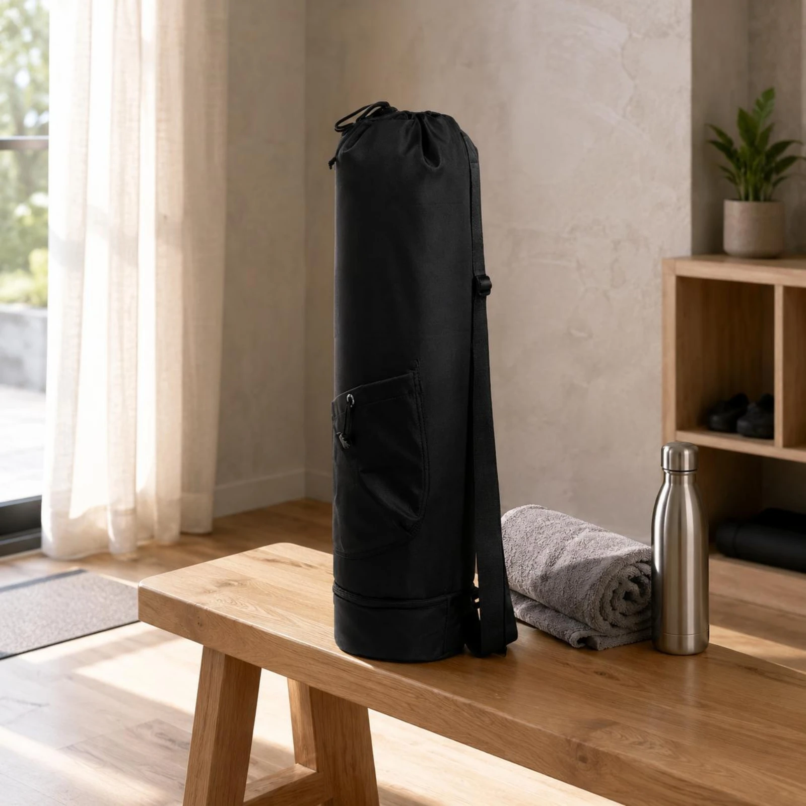 Crossbody Exercise Mat Bag Side Pocket Cylindrical Exercise Bag Exercise Mat Carrier Silky Material Lightweight