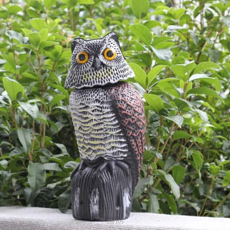 Outdoor Large Realistic Owl Decoy with Rotating Head Bird Pigeon Crow Scare Scarecrow Pest Simulation Plastic Protects Garden