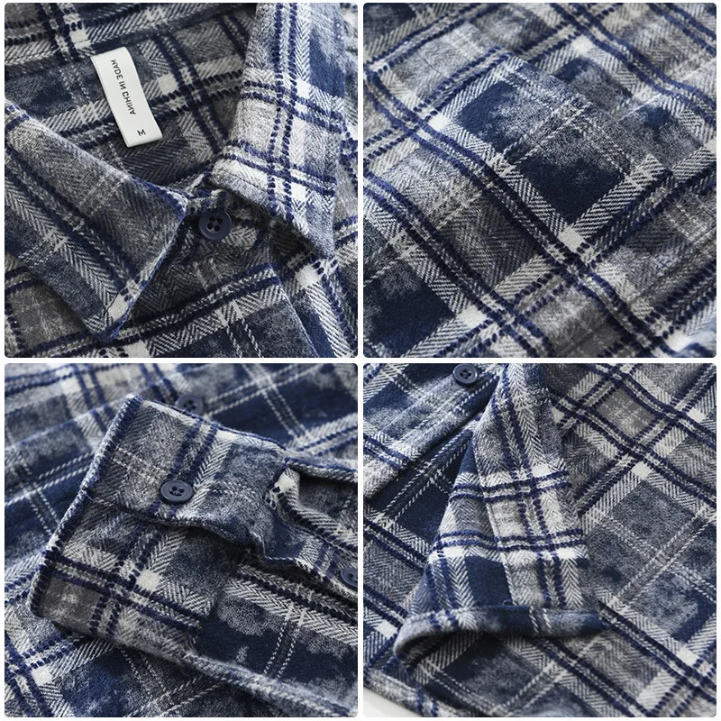 American Vintage Casual Check camisas de algodão para homens, moda japonesa, manga longa para outono, 100% algodão, tops amekaji soltos, casacos de outono, 2024