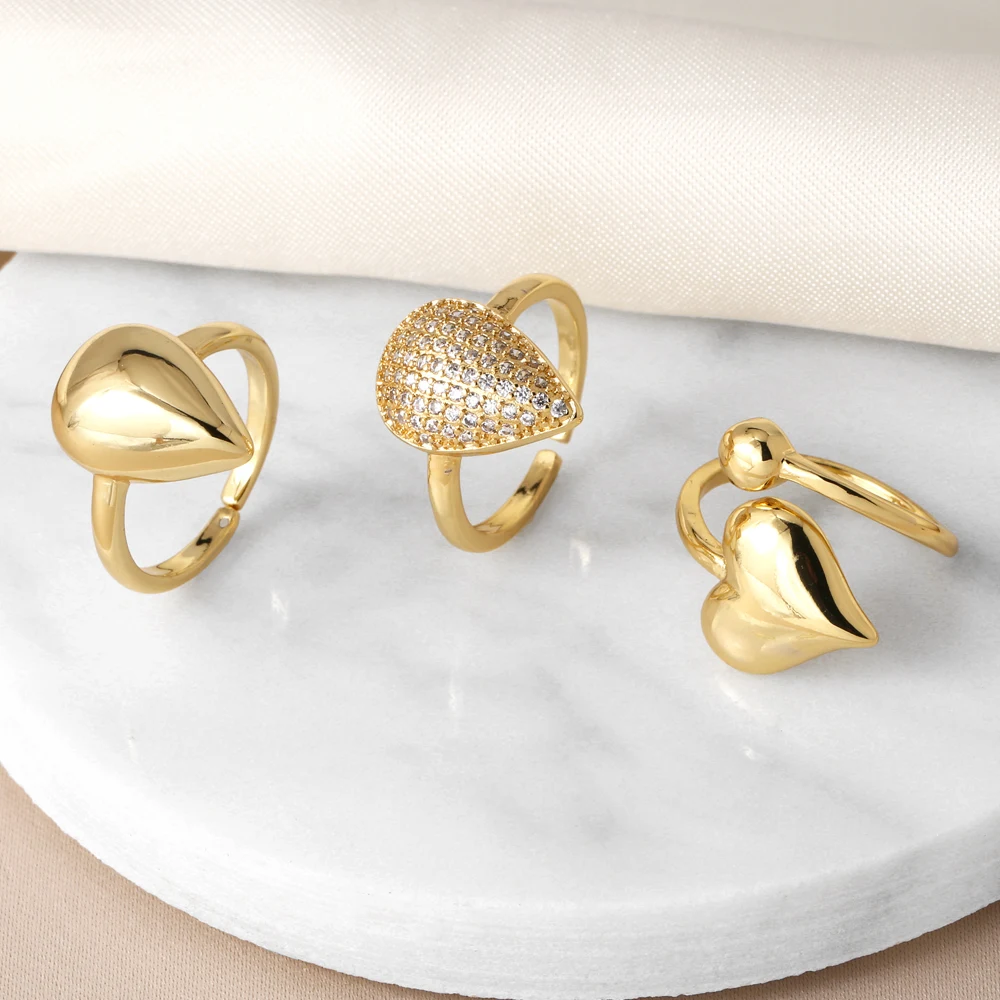 OCESRIO Trendy White Crystal Water Drop Rings for Women Copper Gold Plated Polish Heart Stacked Ring Jewelry Women Gift rign06