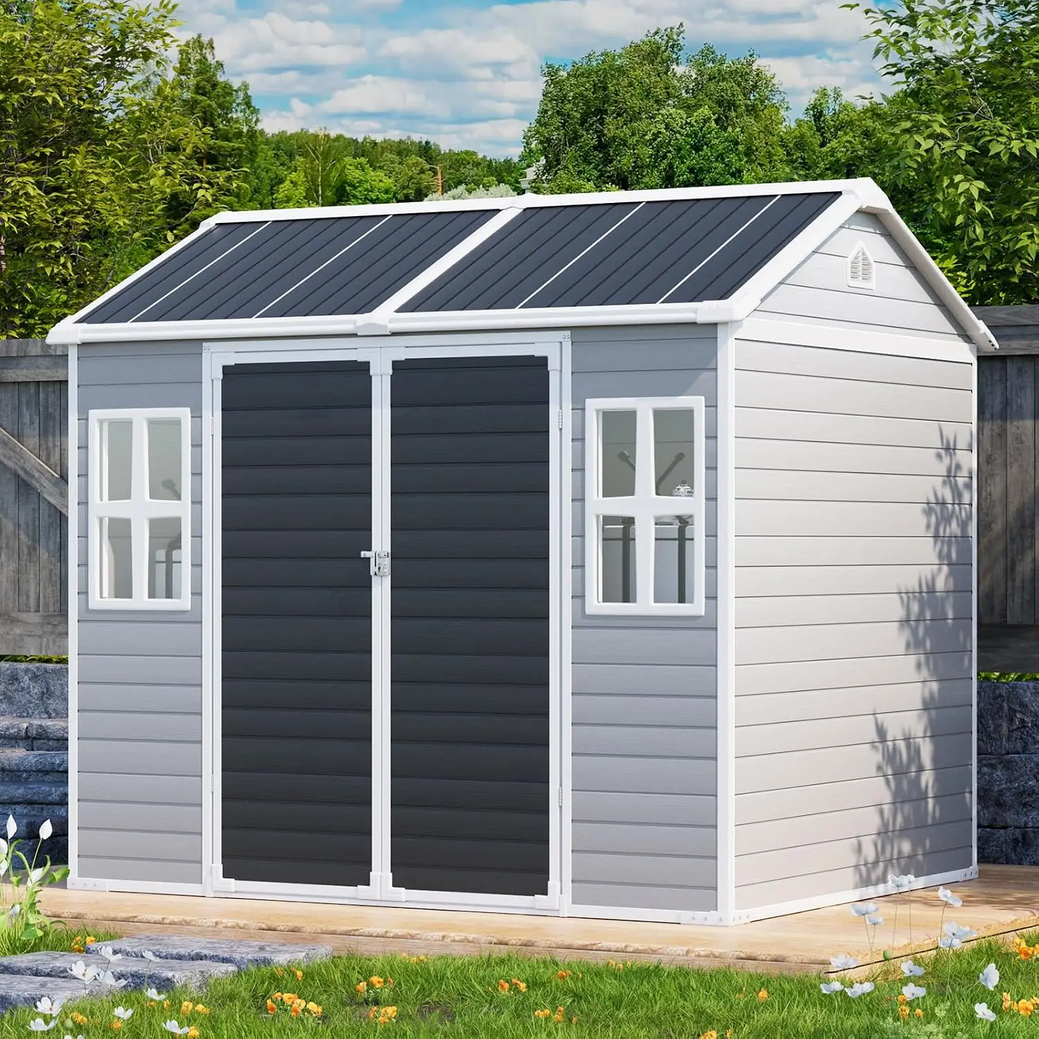 8x6 FT Resin Storage Shed with Floor & Windows, Waterproof Plastic Outdoor Tool Shed Kit for Backyard Garden Patio, Customized