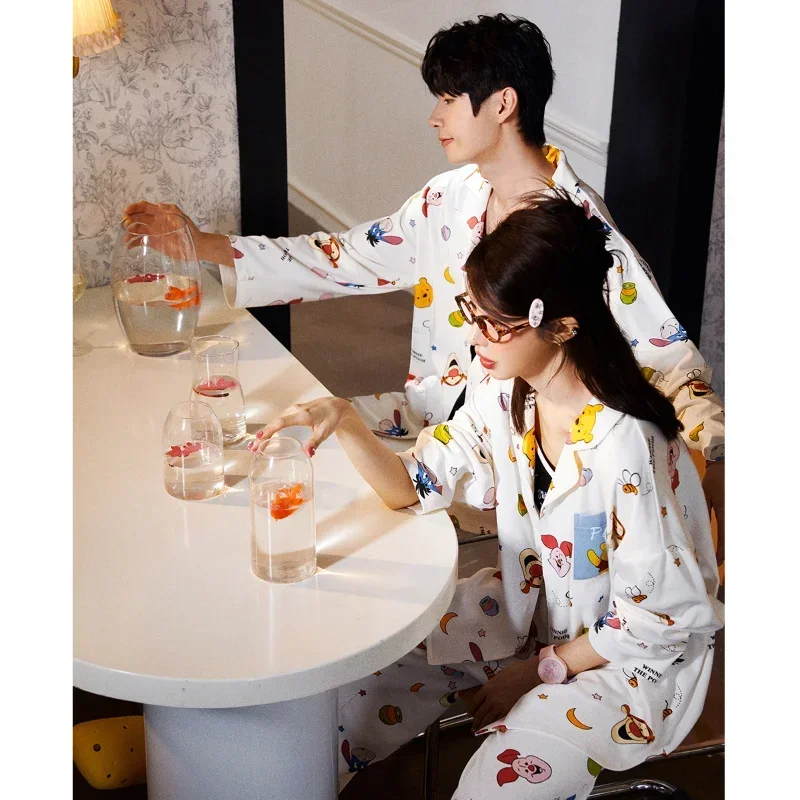 Disney Winnie the Pooh Couple Pajamas Women\'s Cotton Long Sleeve Long Casual Two-piece Set Men\'s Women\'s Pajamas Homewear