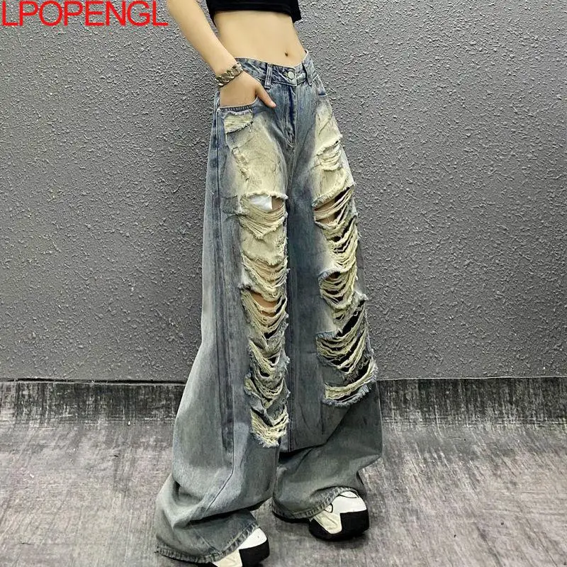 Personalized American High Street Ripped Retro Casual Jeans 2026 Women's Summer New High Waisted Loose Versatile Straight Pants